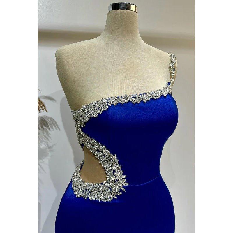 Couture & Ornate One Shoulder Sleeveless Sheath Side Slit Prom Dress With Rhinestones