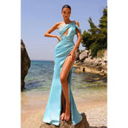 Couture & Ornate One Shoulder Sleeveless Side Slit Ruched Party Prom Dress