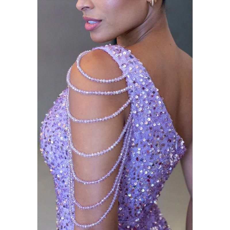 Couture & Ornate One Shoulder Sleeveless Slit Sequins Evening Party Prom Dress