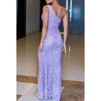 Couture & Ornate One Shoulder Sleeveless Slit Sequins Evening Party Prom Dress