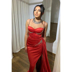 Couture & Ornate Spaghetti Straps Side Slit Mermaid Ruched Prom Dress With Rhinestones
