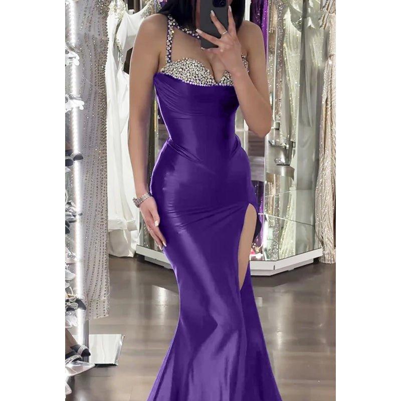 Couture & Ornate Spaghetti Straps Sleeveless V-Neck Slit Evening Party Prom Dress With Rhine