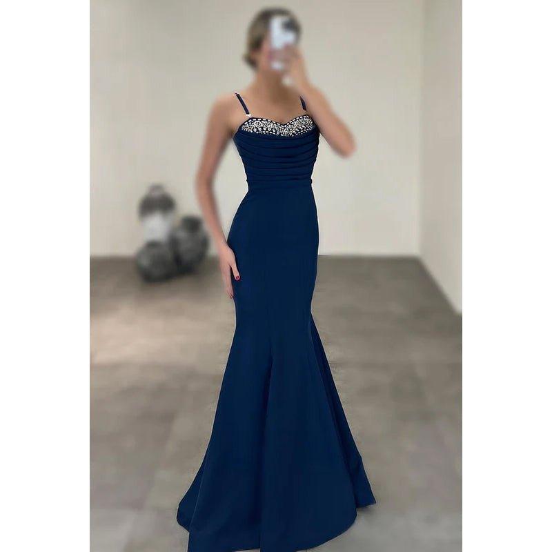 Couture & Ornate Spaghetti Straps Trumpet Sweetheart Party Prom Dress With Rhinestones
