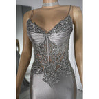 Couture & Ornate Spaghetti Straps V neck Mermaid Sequins Evening Party Prom Dress