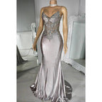 Couture & Ornate Spaghetti Straps V neck Mermaid Sequins Evening Party Prom Dress