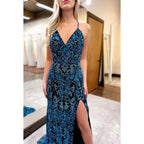 Couture & Ornate Straps V-neck Sequins Side Slit Evening Formal Prom Dress