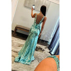 Couture & Ornate Straps V-Neck Side Slit Sparkly Side Slit Evening Party Prom Dress