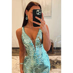 Couture & Ornate Straps V-Neck Side Slit Sparkly Side Slit Evening Party Prom Dress