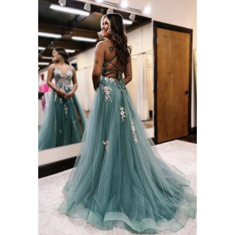 Couture & Ornate V-Neck A-line Tulle Criss-Cross Straps Tulle Party Prom Dress With Applique