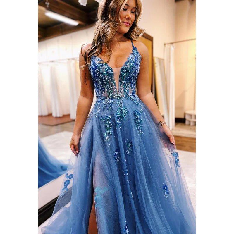 Couture & Ornate V-Neck A-line Tulle Criss-Cross Straps Tulle Party Prom Dress With Applique
