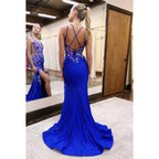 Couture & Ornate V-neck Spaghetti Straps Side Slit Appliqued Evening Prom Dress
