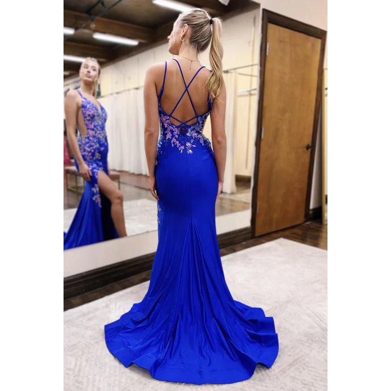 Couture & Ornate V-neck Spaghetti Straps Side Slit Appliqued Evening Prom Dress