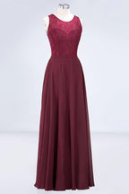 Crew Neck Floral Lace Evening Dress Floor Length Burgundy Bridesmaid Dress