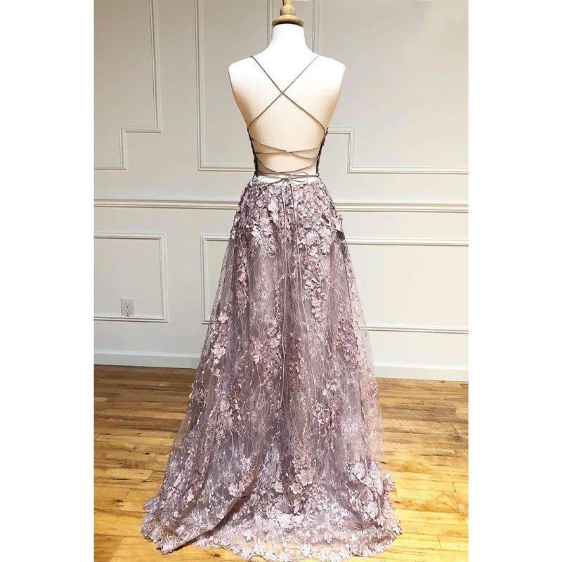 Criss-cross Straps Chic 3d Lace V-neck A-line Long Prom Dress Formal Evening Dress