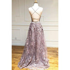 Criss-cross Straps Chic 3d Lace V-neck A-line Long Prom Dress Formal Evening Dress