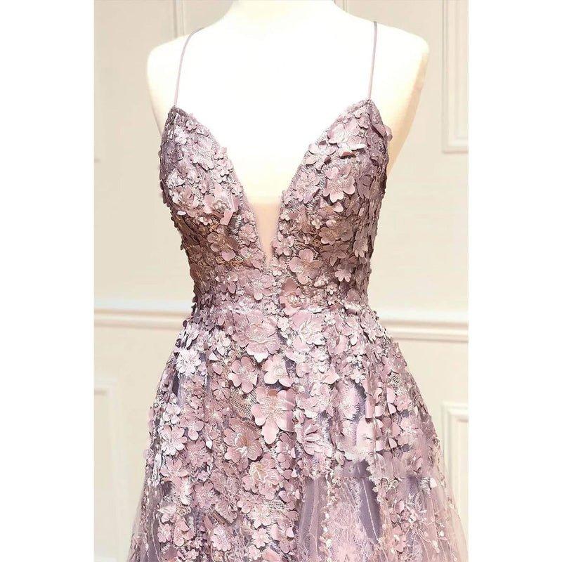 Criss-cross Straps Chic 3d Lace V-neck A-line Long Prom Dress Formal Evening Dress
