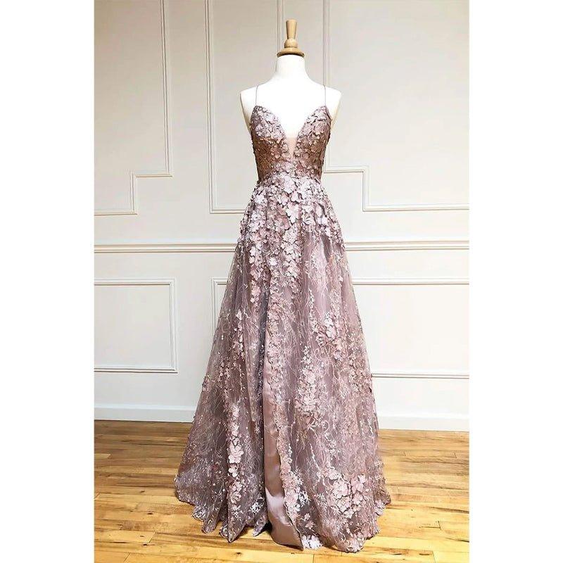 Criss-cross Straps Chic 3d Lace V-neck A-line Long Prom Dress Formal Evening Dress