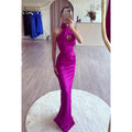 Cross Neck Halter Sleeveless Ruched Satin Sheath Long Prom Evening Dress