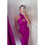 Cross Neck Halter Sleeveless Ruched Satin Sheath Long Prom Evening Dress