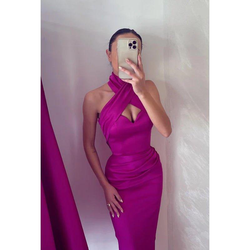 Cross Neck Halter Sleeveless Ruched Satin Sheath Long Prom Evening Dress