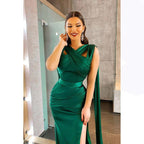 Cross-Neck Ruched Satin Sheath Long Prom Evening Gown With Slit