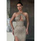 Cross-Neck Sequined Sheath Long Prom Gown With Thigh Slit