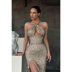 Cross-Neck Sequined Sheath Long Prom Gown With Thigh Slit