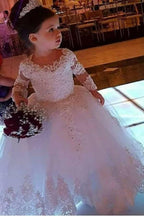 Cute Ball Gown Long Sleeves Tulle Flower Girl Dress with Lace Appliques