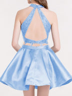 Cute Two Pieces Lace Satin Short Prom Dress Homecoming Dress