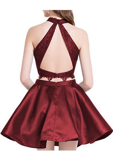 Cute Two Pieces Lace Satin Short Prom Dress Homecoming Dress