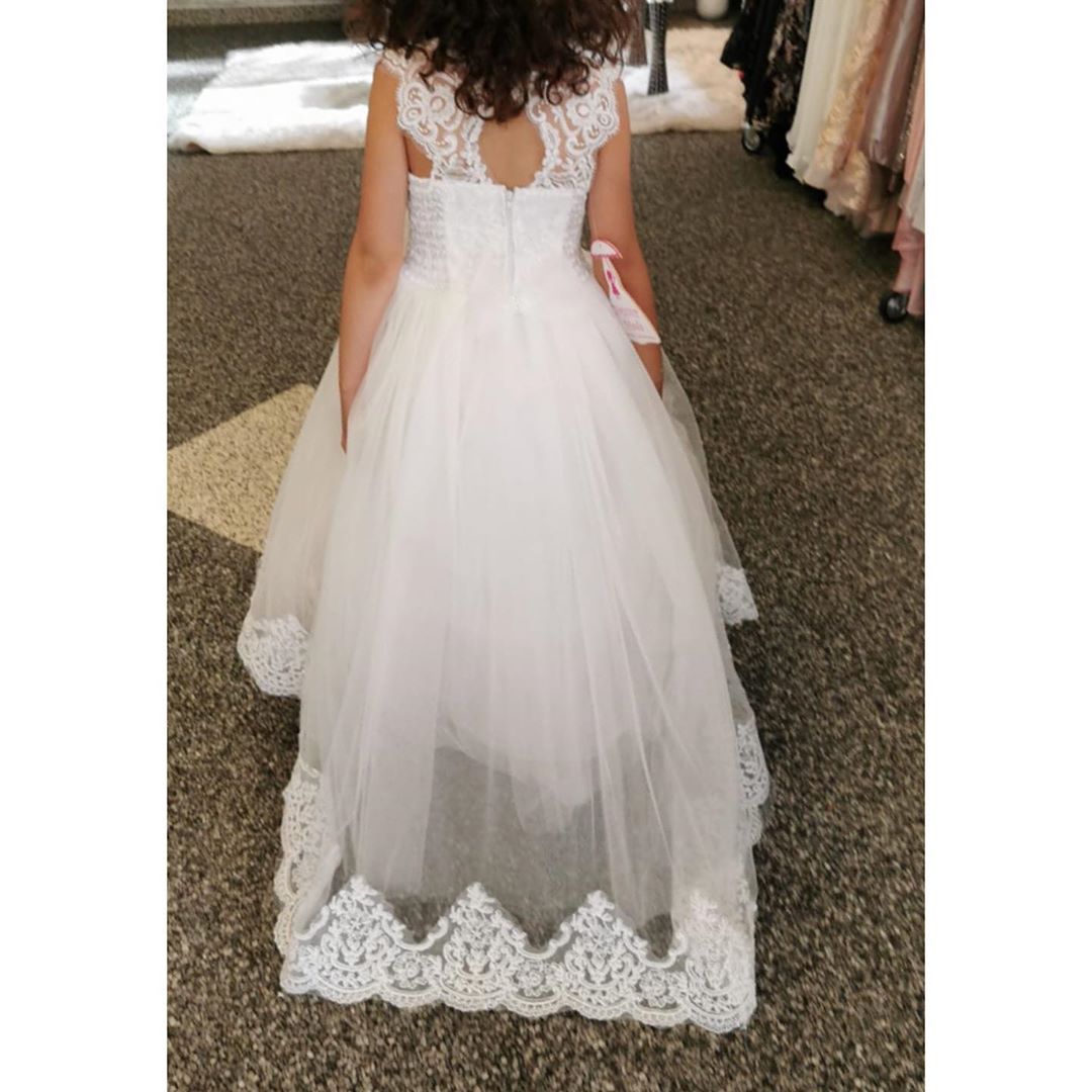 Cute Long A-line Bateau Appliques Lace Pearl Train Flower Girl Dress