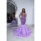 V-Neck Spaghetti Straps Sequined Appliqued Mermaid Long Prom Gown