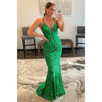 Plunging V-neck Green Sequins Long Prom Dress Glitter