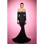 Sheath Mermaid Off-the-shoulder Beaded Black Prom Dress Evening Gowns