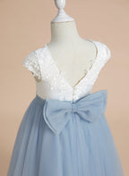 A-line Satin Tulle Tea-length First Communion Flower Girl Dress