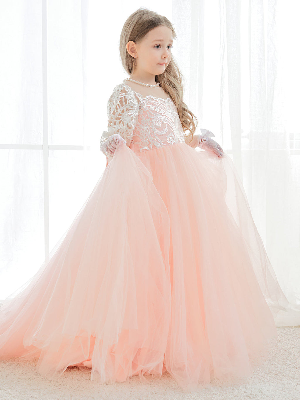 A-line Long Sleeves Lace Tulle Flower Girl Dresses Pink (2003227575)