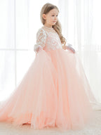 A-line Long Sleeves Lace Tulle Flower Girl Dresses Pink (2003227575)