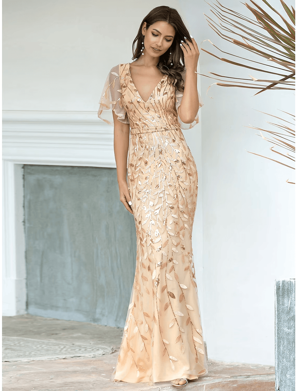Mermaid / Trumpet Evening Gown Sparkle Dress Wedding Guest Floor Length Short Sleeve V Neck Tulle with Sequin
