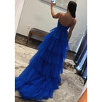 Tulle A-line Halter Empire Tiered with Train Party Prom Evening Dress
