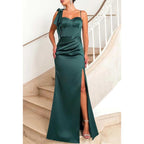 Satin Sweetheart Spaghetti Straps with Side Slit Party Prom Evening Dress