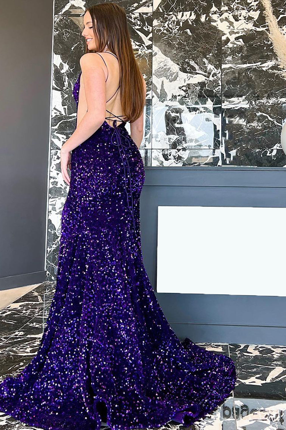 Mermaid Spaghetti Straps Navy Sequins Long Prom Dress with Split Front