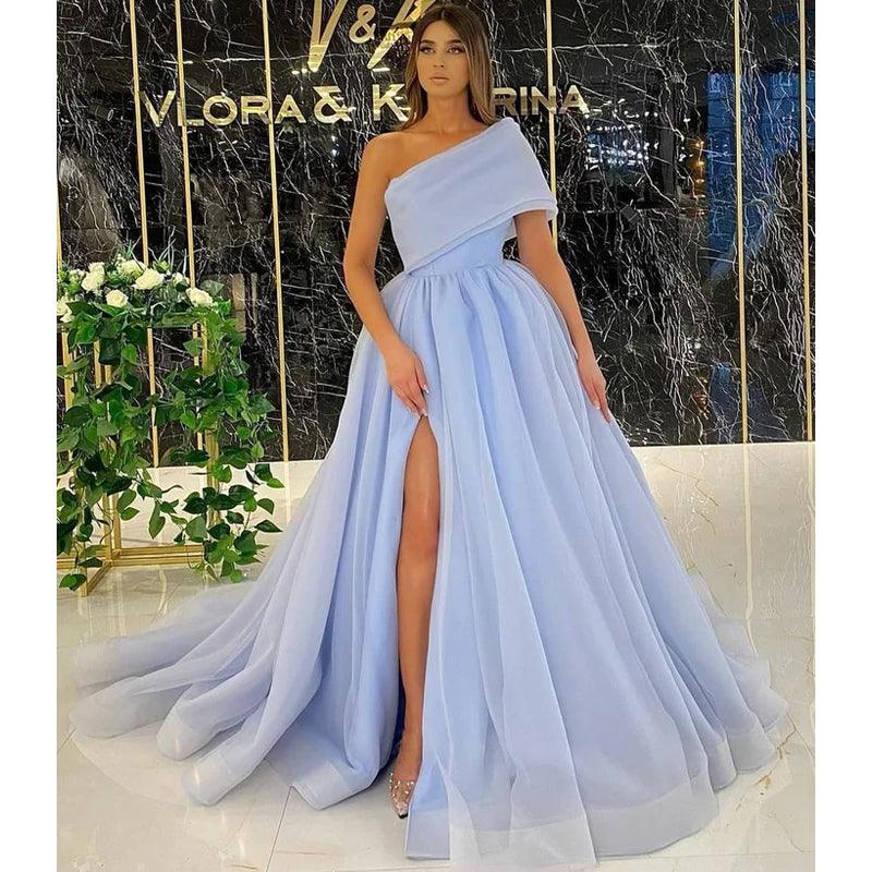 Unique One Shoulder High Split Long Prom Formal Evening Dress