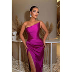 Sheath Strapless Satin Pleated Side Slit Long Prom Dress Formal Gown