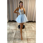 Plunging V-neck Tulle Appliques Prom Dress with Detachable Train