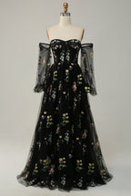 Elegant Black Off The Shoulder Long Sleeves A-Line Prom Dress
