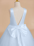 Classic White A-line Sleeveless Satin and Tulle Flower Girl Dress