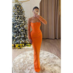Sheath Strapless Beaded Long Sleeves Orange Prom Dress Evening Gowns