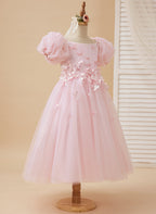 Puffy Sleeves Off-Shoulder 3D Floral Appliques Tulle Tea-length Flower Girl Dress