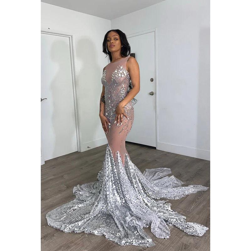 Scoop Sleeveless Beaded Sheer Tulle Mermaid Long Prom Dress With Sweep Train
