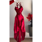 Spaghetti Straps V Neck Lace Burgundy Formal Party Dress